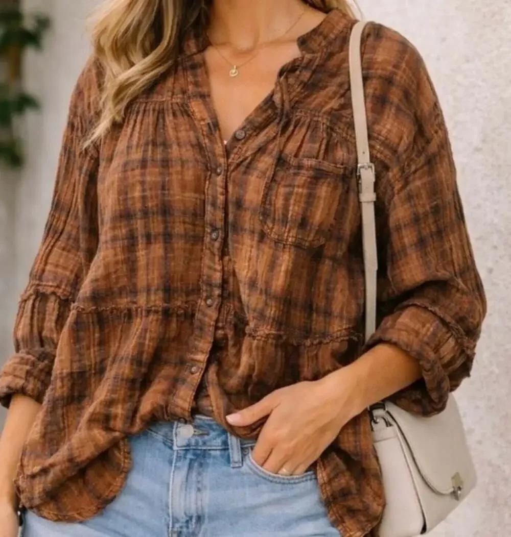 We The Free | Free People | women’s Brown Plaid  Button-Down distressed Top